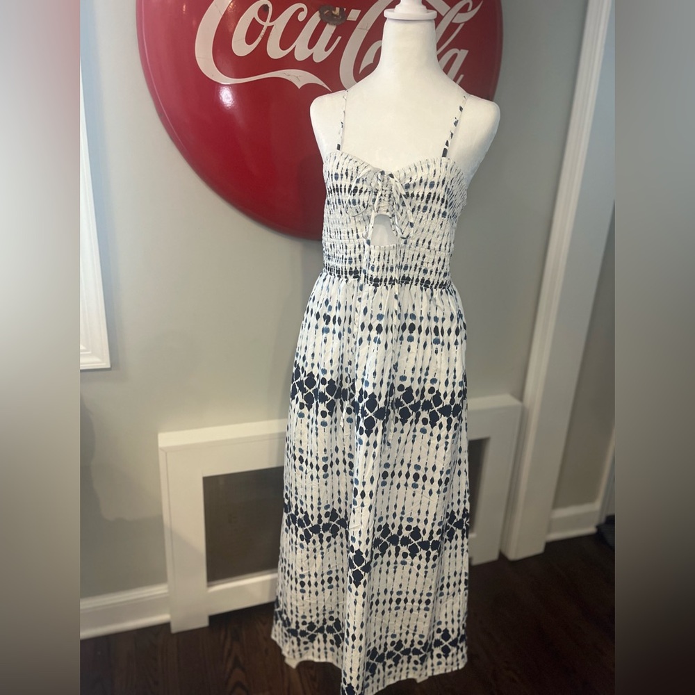 NWT Universal Thread Cut-Out Maxi Sundress, blue & white ikat, 100% cotton, L